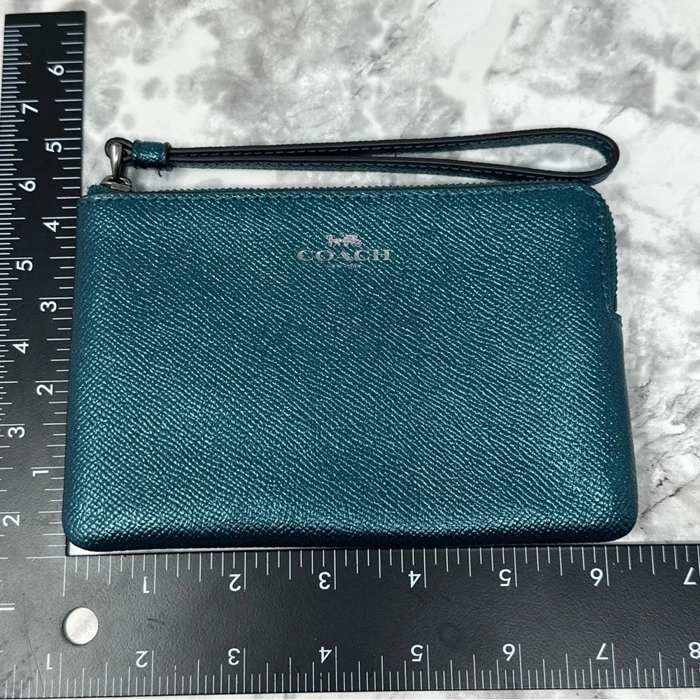 Coach Zip Wallet Wristlet Metallic Dark Teal